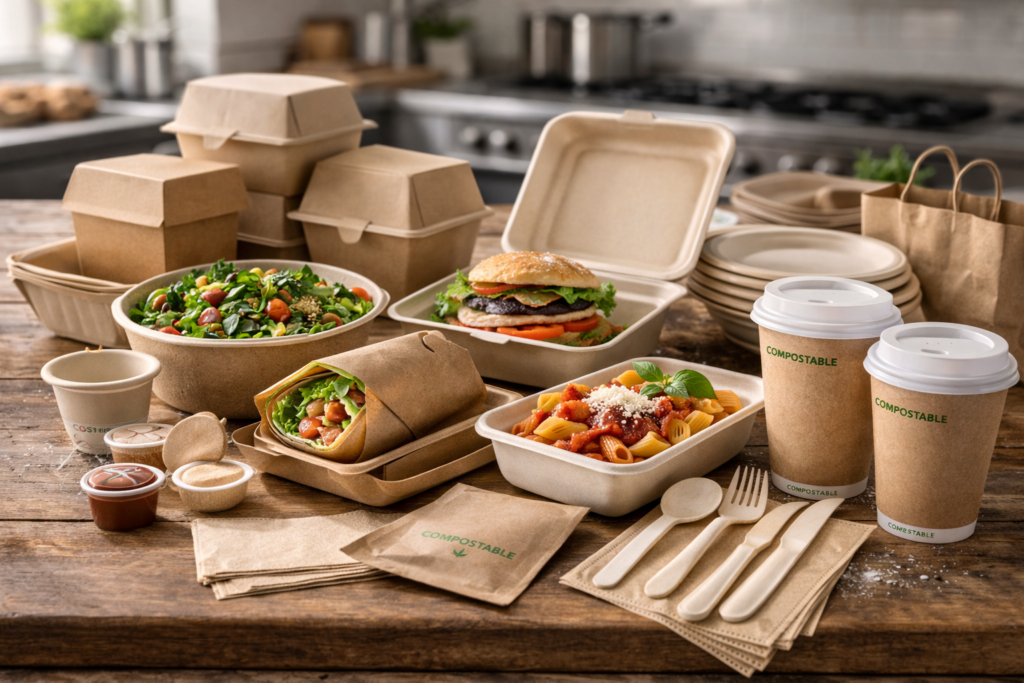 Packaging alimentare e accessori compostabili per asporto e servizio, fotografia professionale per catalogo aziendale del settore Ho.Re.Ca. in Sicilia.
