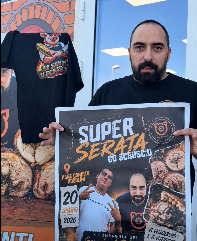 Locandina della Super Serata co Scrusciu di Petriglieri Food a Rosolini, evento sponsorizzato da EuroSud Food.