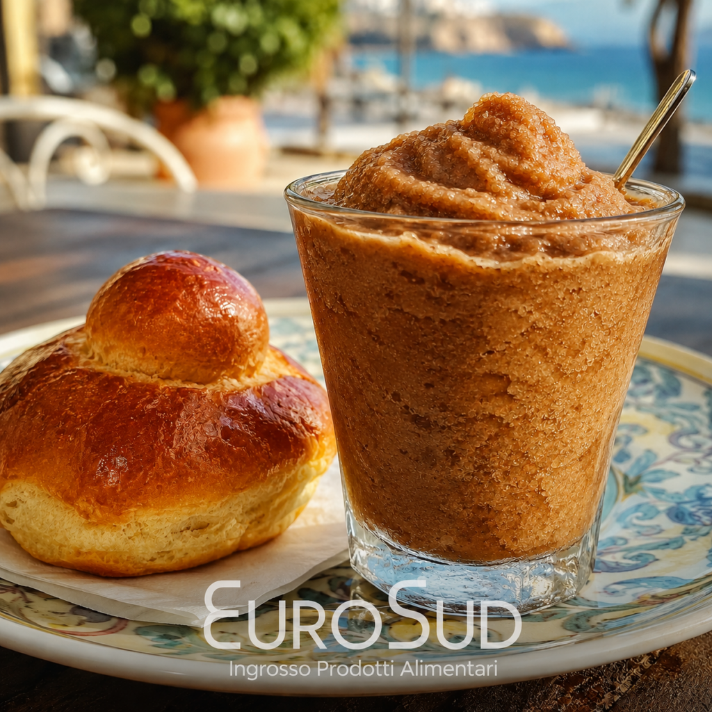 "Ricette estive professionali con zucchero semolato SOS0101 PRO EuroSud: granita di caffè siciliana, gelato di mandorla e semifreddo ai frutti di bosco in coppe di vetro"